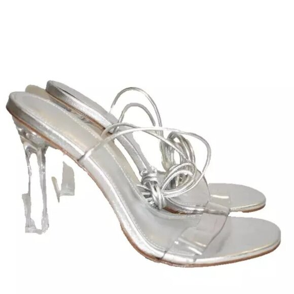 $350 larroude Gloria Strapped Heel CLEAR SILVER LEATHER STRAPPY 5 (DB34)
